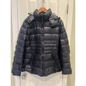 Andrew Marc Down Puffer Jacket Womens XL Navy Blue Hooded Winter 650 Fill